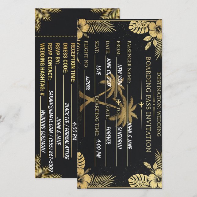 Tarjeta de embarque para boda tropical de oro negr (Anverso / Reverso)