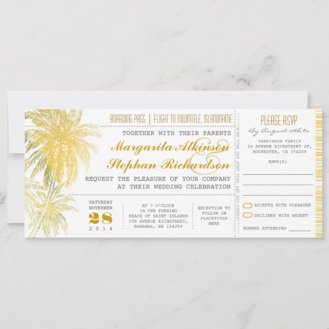 Tarjeta de embarque para bodas de playa amarilla t (Anverso)