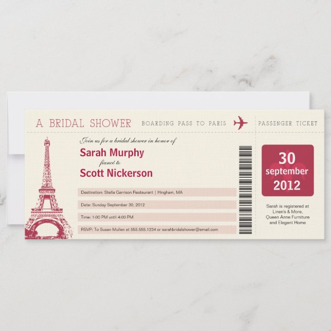 Tarjeta de embarque para ducha de novia a París Fr (Anverso)