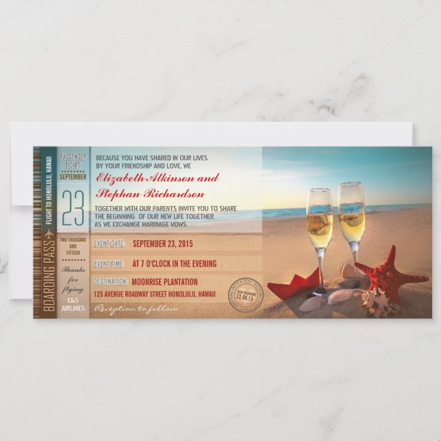 Tarjeta de embarque para la boda moderna en la pla (Anverso)