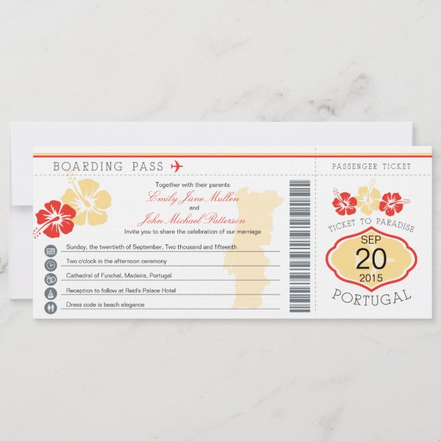 Tarjeta de embarque para la invitación a la boda e (Anverso)