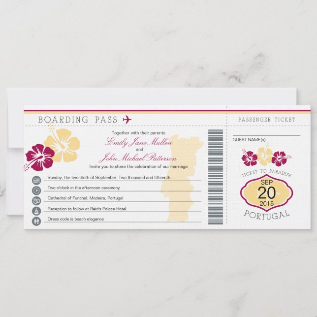 Tarjeta de embarque para la invitación a la boda e (Anverso)