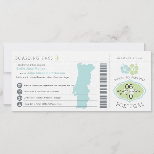 Tarjeta de embarque para la invitación a la boda e (Anverso)
