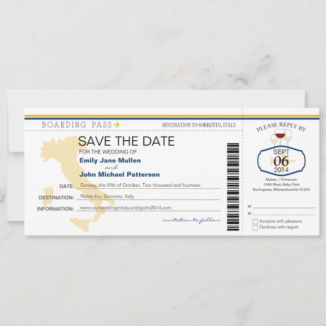 Tarjeta de Embarque para la Invitación de Boda en  (Anverso)