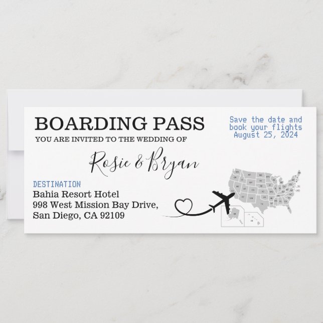 Tarjeta de embarque para un boda en San Diego, EE. (Anverso)