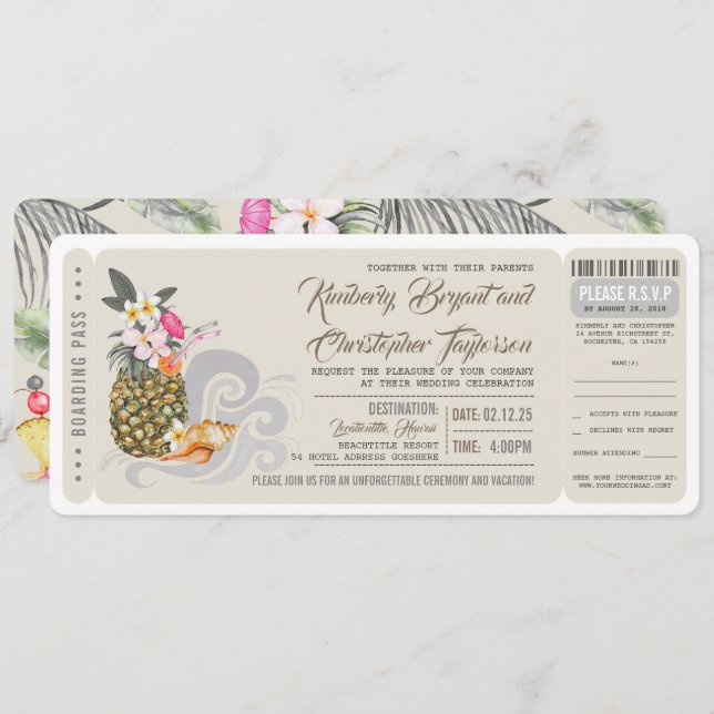 Tarjeta de embarque | Piña de playa | Billete Boda (Anverso / Reverso)