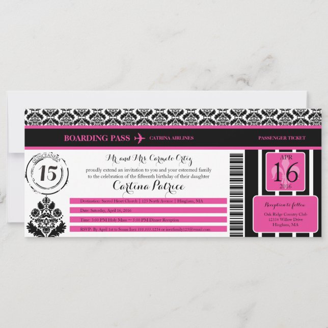 Tarjeta de embarque Quinceanera Black Damask Hot P (Anverso)