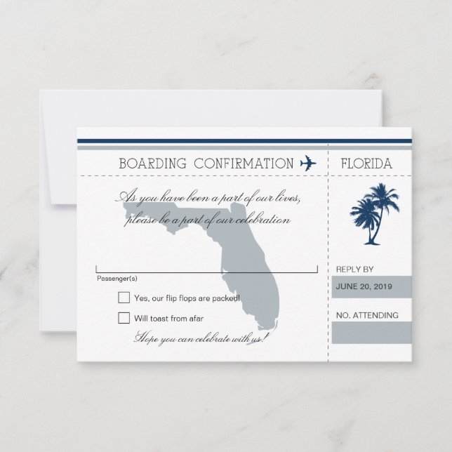 Tarjeta de embarque RSVP a Florida Blue y Gray (Anverso)