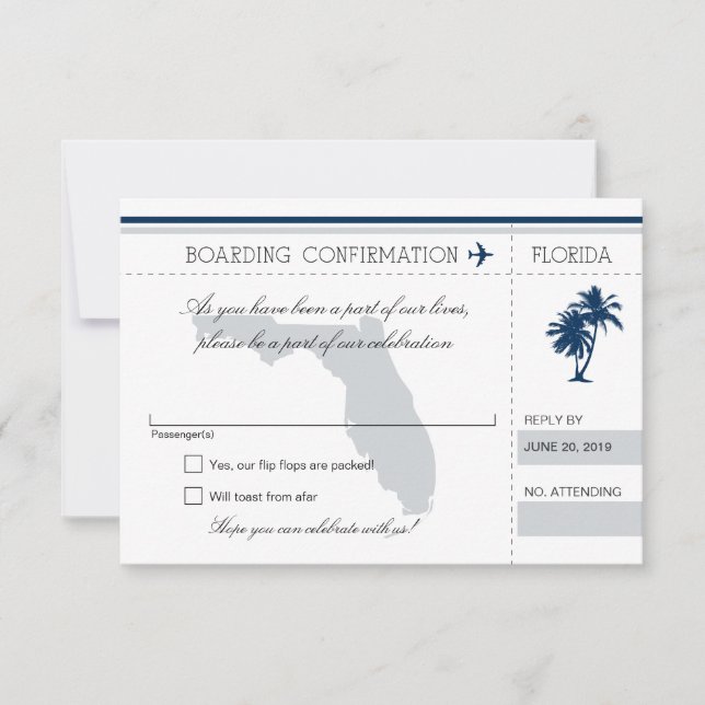 Tarjeta de embarque RSVP a Florida Blue y Gray (Anverso)