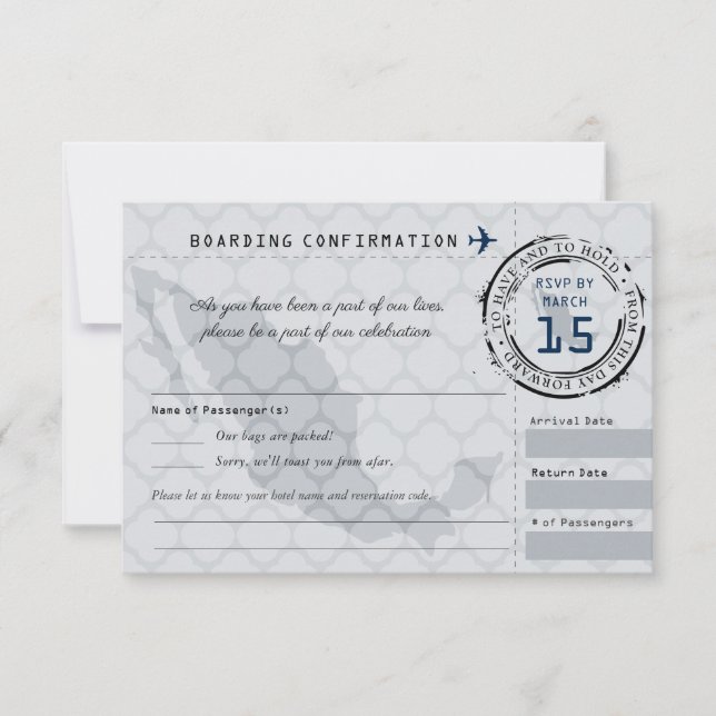 Tarjeta de embarque RSVP de Boda Gris y Marina a M (Anverso)