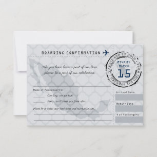 Tarjeta de embarque RSVP de Boda Gris y Marina a M