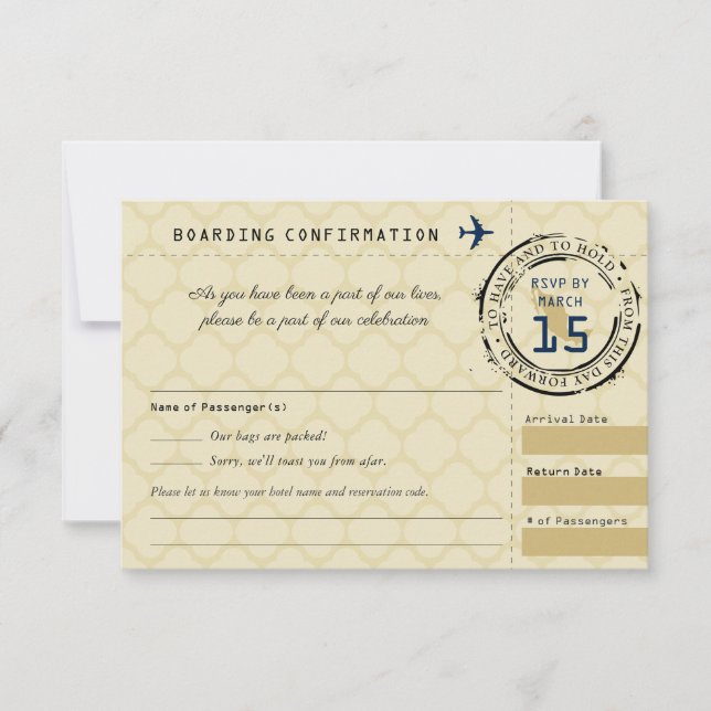 Tarjeta de embarque RSVP de la Boda de Oro Azul a  (Anverso)