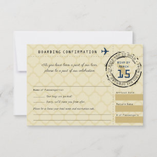 Tarjeta de embarque RSVP de la Boda de Oro Azul a