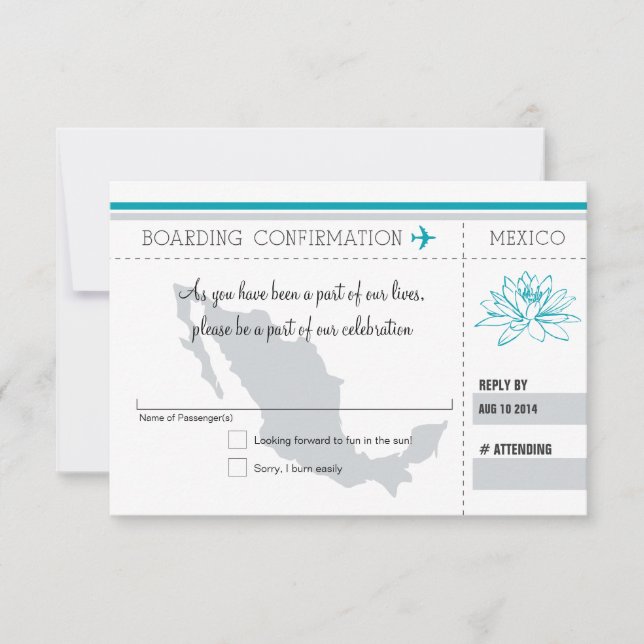 Tarjeta de embarque RSVP verde azulada y gris a MÉ (Anverso)