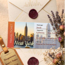 Tarjeta de embarque sorpresa para viaje a Nueva Yo