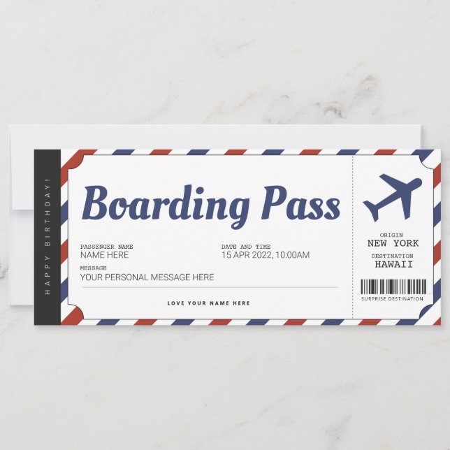 Tarjeta de embarque sorpresa regalo de avión (Anverso)