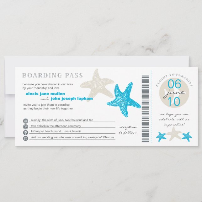 Tarjeta de embarque Starfish| Boda (Anverso)