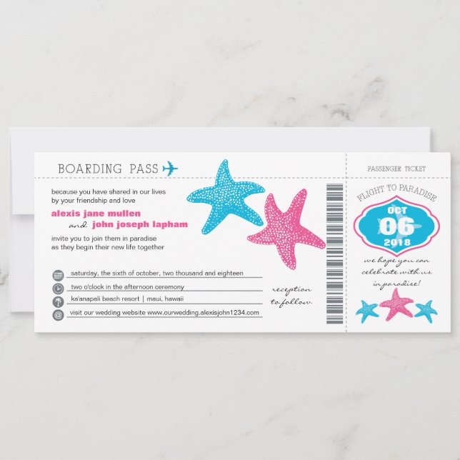 Tarjeta de embarque Starfish| Boda (Anverso)