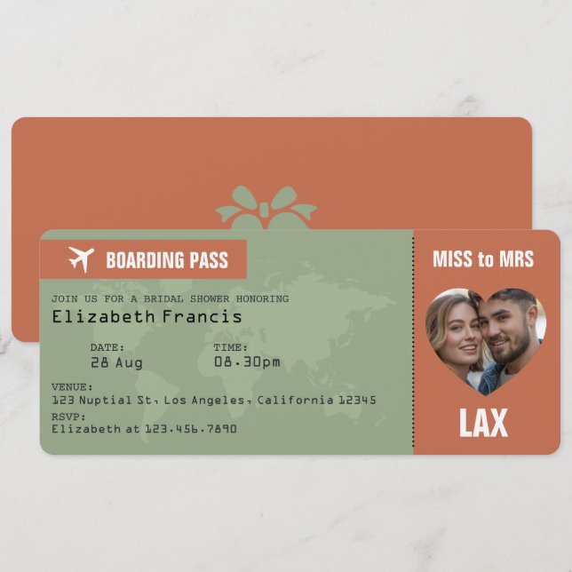 Tarjeta de embarque Terracotta & Sage para despedi (Anverso / Reverso)