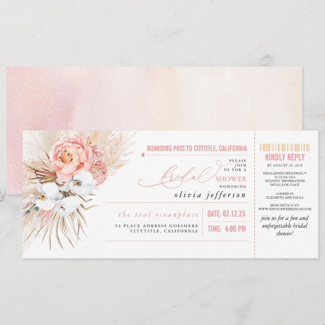 Tarjeta de embarque Ticket Floral Tropical Bridal  (Anverso / Reverso)