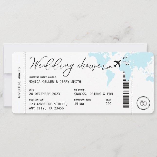 Tarjeta de embarque Travel Blue Wedding Shower (Anverso)