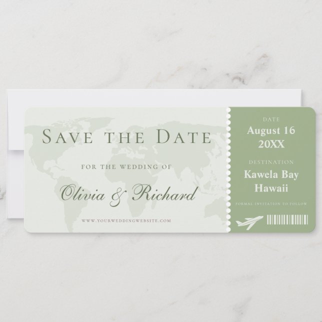 Tarjeta de Embarque Verde Elegante Save the Date (Anverso)