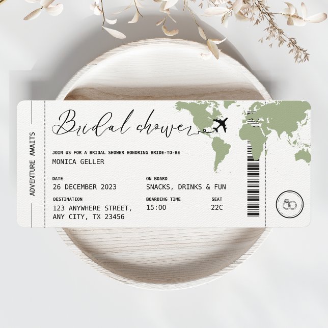 Tarjeta de embarque Viaje Brigada Ducha Sage Green (bridal shower boarding pass invitation sage green)