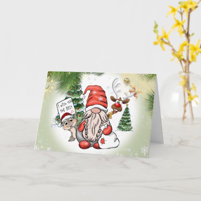 Tarjeta de enano con ardilla  para navidad (flor amarilla)