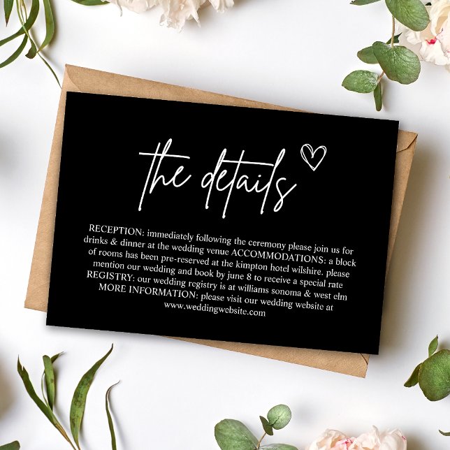 Tarjeta de Encierre de Boda con Letra Manuscrita N (Black handwritten script enclosure card shares wedding details with bold, elegant charm.)