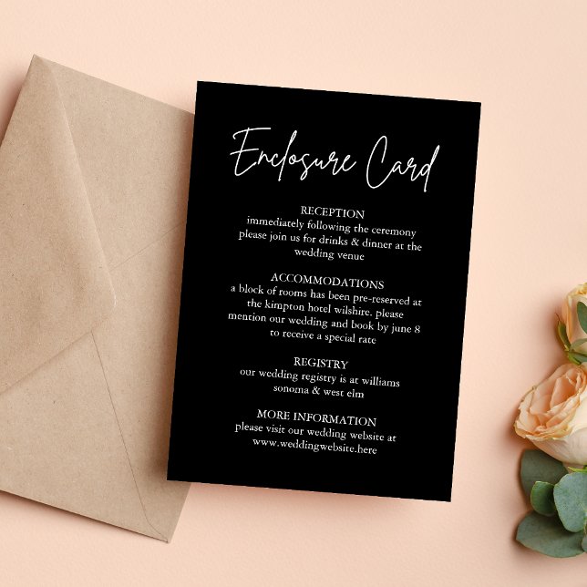 Tarjeta de Encierre de Boda con Letra Manuscrita N (Handwritten script black enclosure card shares wedding details with bold, elegant style.)