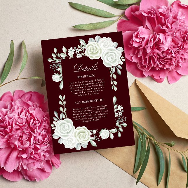 Tarjeta de Encierre de Boda de Rosas Blancas de Bo (Gothic burgundy white roses enclosure card shares details with a romantic, dramatic touch.)