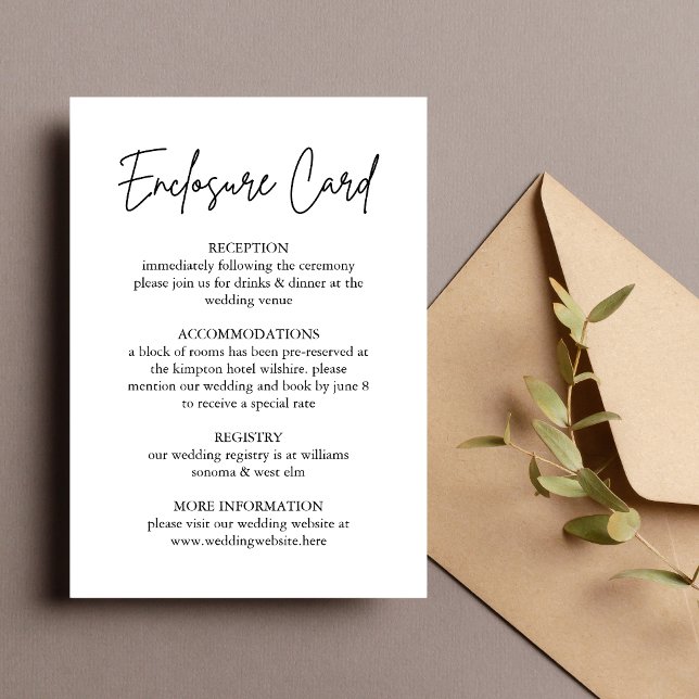 Tarjeta de Encierre de Bodas con Letra Cursiva Mod (Modern handwritten script enclosure card shares wedding details with a sleek, elegant touch.)