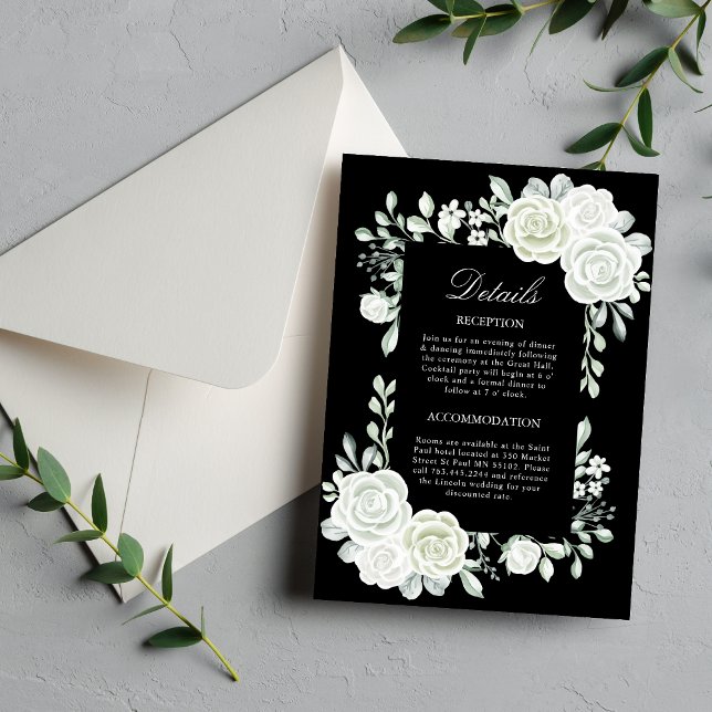 Tarjeta de Enclosure de Boda de Rosas Blancas Góti (Black gothic white roses enclosure card shares details with dramatic elegance for guests.)