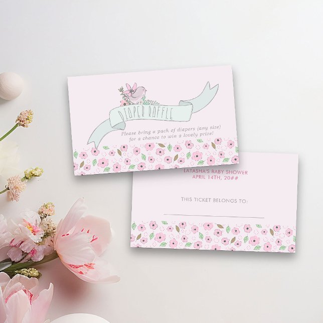 Tarjeta de Enclusura de Rifa de Pañales con Pájaro (Diaper Raffle Tickets from my Little Bunny & Balloon Baby Shower collection)