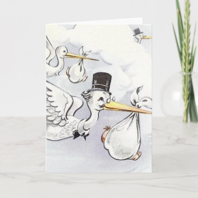 Tarjeta de entrega de bebé de cigüeñas vintage (Anverso)