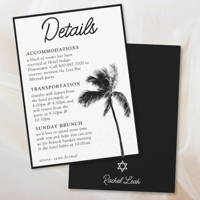 Tarjeta de envoltorio con detalles de Bat Mitzvah  (Black Palm Tree Bat Mitzvah Details Enclosure Card
)