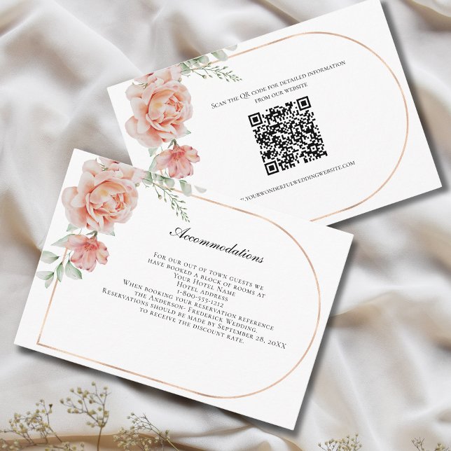 Tarjeta de envoltorio con detalles de Boda floral  (Peach Floral Rose Gold Blush Pink Wedding Details Accommodations enclosure card)
