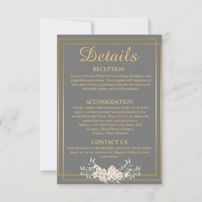 Tarjeta de envoltorio con detalles de Boda gris y  (Anverso)