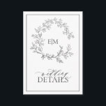 Tarjeta de envoltorio con detalles del Boda de mon<br><div class="desc">¡Nos encanta esta moderna y moderna tarjeta de detalles grises! Sencillo, elegante y muy bonito, tiene una corona de hojas dibujadas a mano que rodea un moderno monograma boda. Está personalizado en una tipografía elegante, acentuado con caligrafía con letras a mano. Finalmente, se recorta en un marco delicado y la...</div>