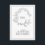 Tarjeta de envoltorio con detalles del Boda de mon<br><div class="desc">¡Nos encanta esta moderna y moderna tarjeta de detalles grises! Sencillo, elegante y muy bonito, tiene una corona de hojas dibujadas a mano que rodea un moderno monograma boda. Está personalizado en una tipografía elegante, acentuado con caligrafía con letras a mano. Finalmente, se recorta en un marco delicado y la...</div>