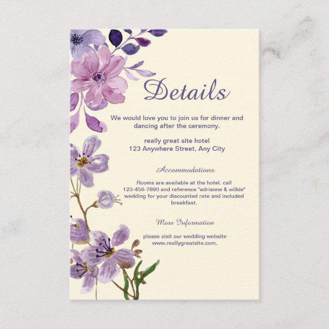 Tarjeta de envoltorio con detalles del Boda morado (Anverso)