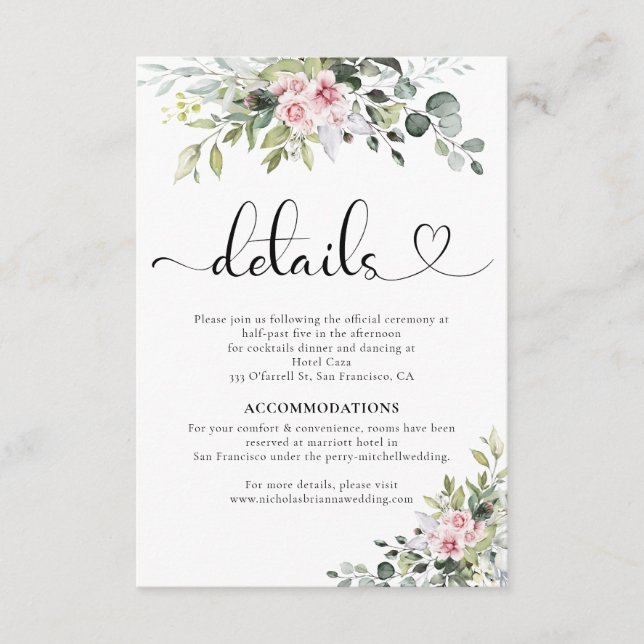 Tarjeta de envoltorio de Boda rosa verde (Anverso)