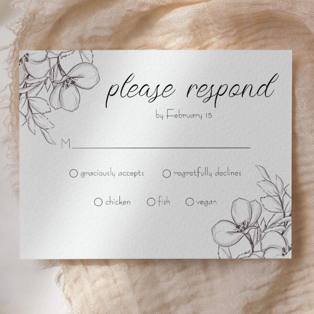 Tarjeta de envoltorio de cuadros florales en blanc ( rsvp wedding card black and white floral drawn flowers)