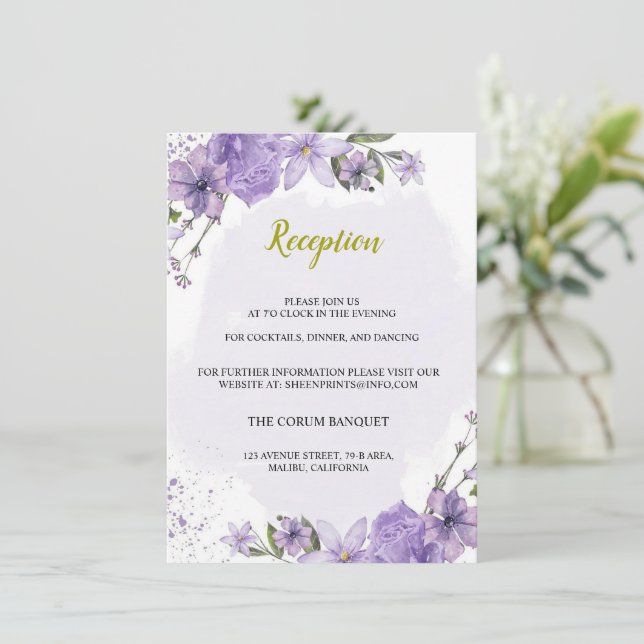 Tarjeta de envoltorio de recepción de bodas púrpur (Anverso de pie)