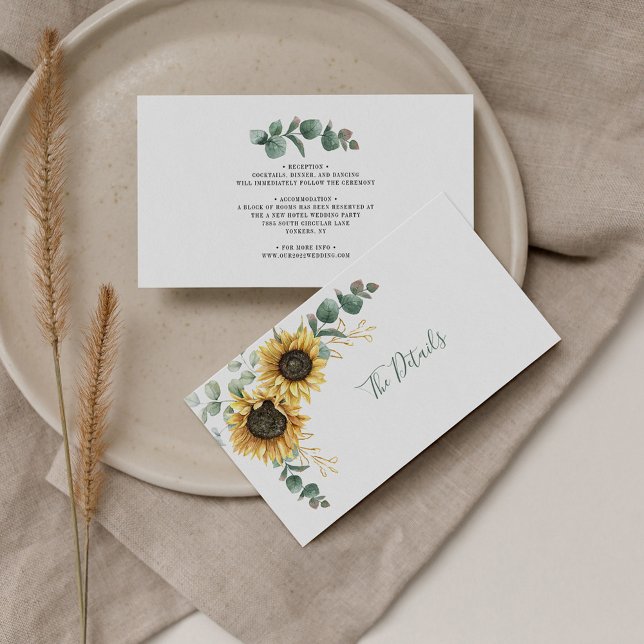 Tarjeta de envoltorio Floral de girasol Eucalyptus (Floral Sunflower Eucalyptus Wedding Details Enclosure Card)