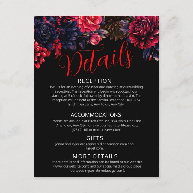 Tarjeta de envoltorio negro y rojo gótico floral o (Anverso)