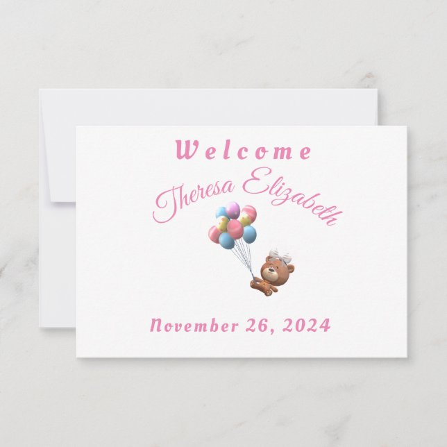 Tarjeta de envoltorio temática de oso rosa y globo (Anverso)