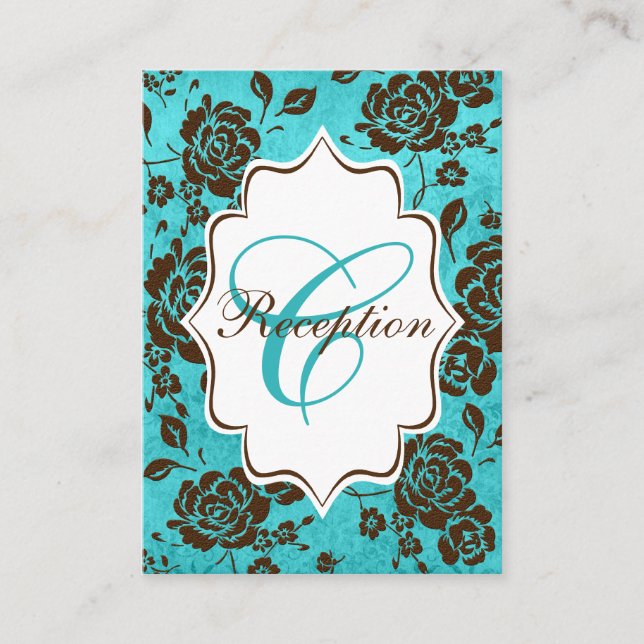 Tarjeta de envoltura Aqua Brown Floral Damask (Anverso)