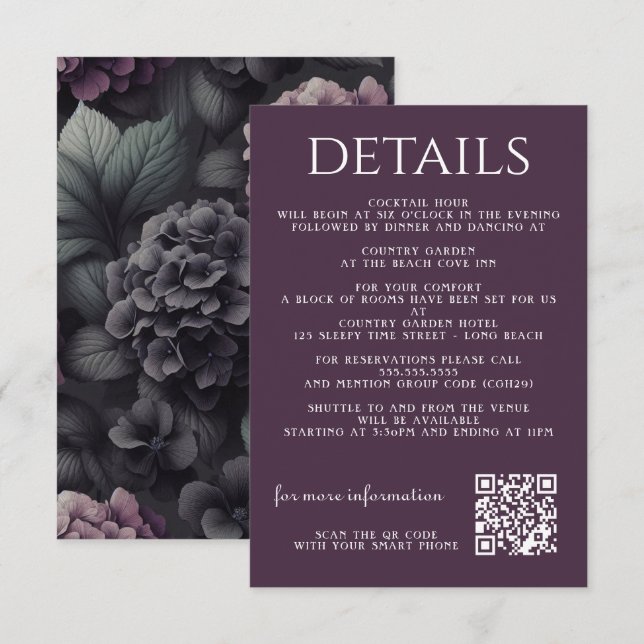 Tarjeta de envolvente floral morada negra y morada (Anverso / Reverso)