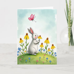 Tarjeta de escena adorable de conejo y flores